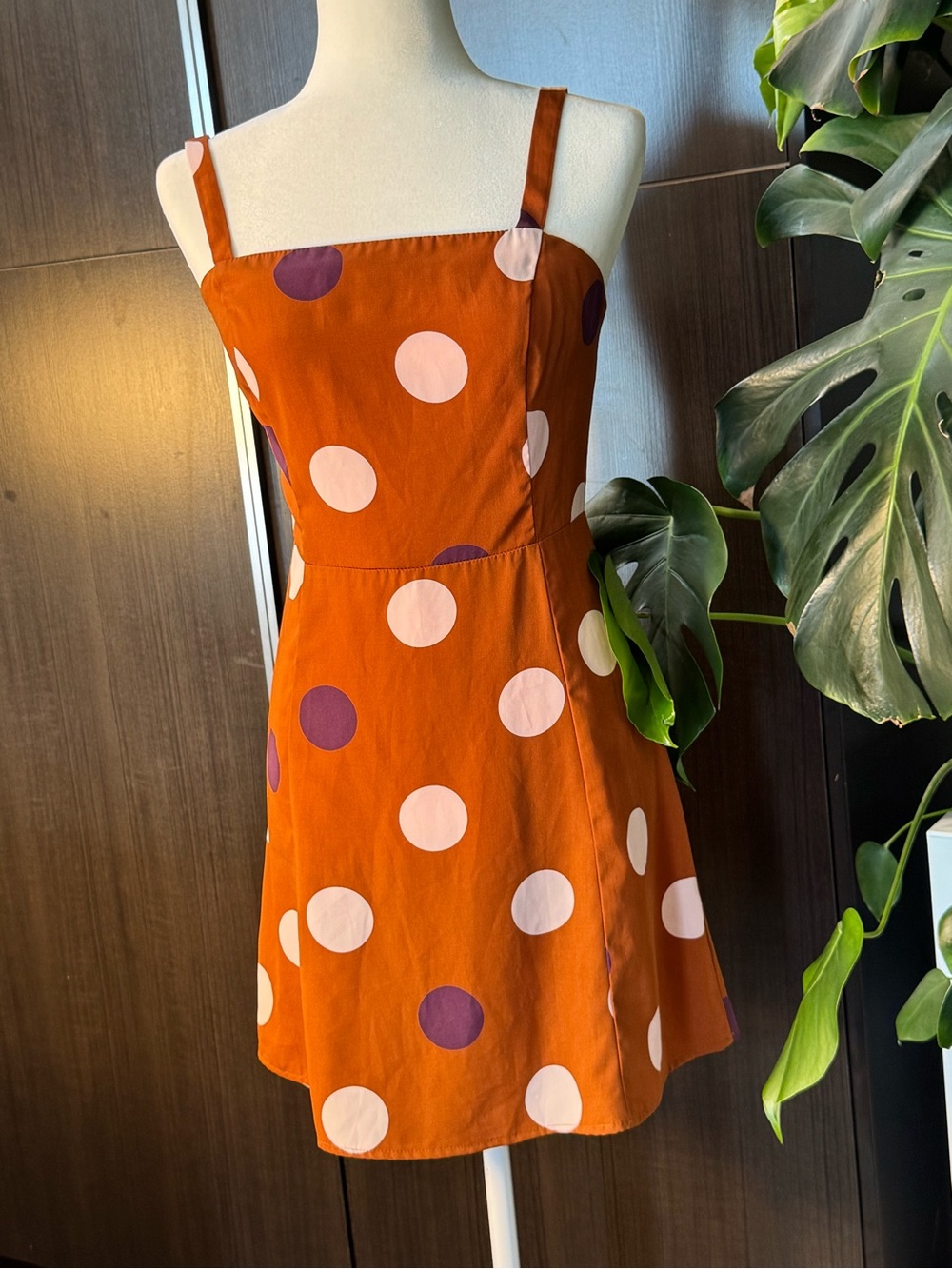 Lush Rust Orange Mini Dress with Pink & Purple Polka Dots